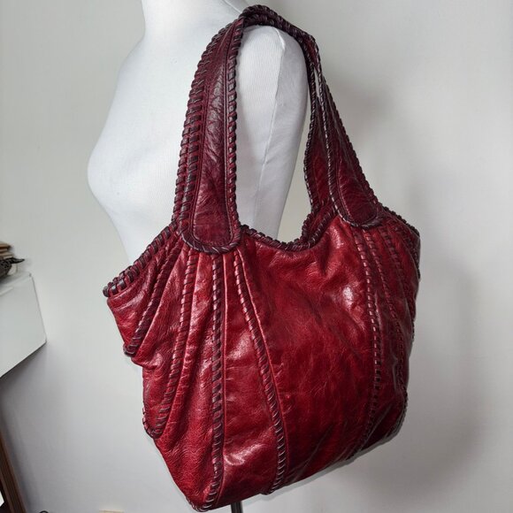 KOOBA Red Leather Hobo Bag Large Whipstitch Bohemian - Picture 1 of 13